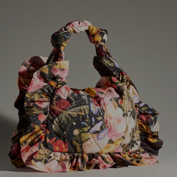 Selkie Black Floral Ruffled Shoulder Bag - Picture 2 of 5